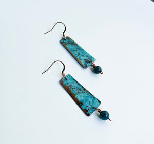 Ocean Blue Trapezoid Copper Earrings with Dangling Apatite Bead