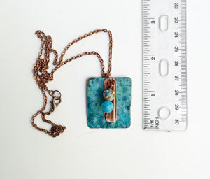Turquoise Patina Copper Pendant Necklace/Jasper Beaded Necklace/Rustic Blue Necklace/Unique Patterned Necklace