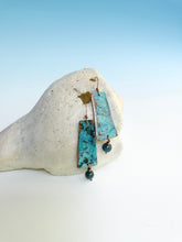 Load image into Gallery viewer, Ocean Blue Trapezoid Copper Earrings with Dangling Apatite Bead