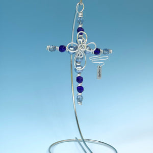 Beaded Cross/Blue Cross/Decorative Cross/Friendship Gift/Cross/Symapthy Gift/Silver Wire Cross/Desk Top Cross/Religious Gift/Christian