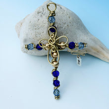 Load image into Gallery viewer, Gold and Blue Beaded Display Cross with Center Cross and Silver Stand