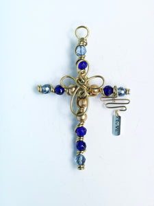 Gold and Blue Beaded Display Cross with Center Cross and Silver Stand
