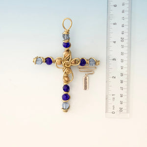 Gold and Blue Beaded Display Cross with Center Cross and Silver Stand
