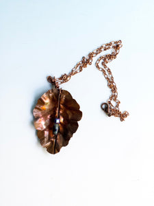 Beautifully Textured Flame Painted Copper Leaf Pendant with Dangling Beads