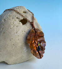 Load image into Gallery viewer, Beautifully Textured Flame Painted Copper Leaf Pendant with Dangling Beads