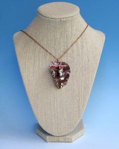 Decorative Copper Leaf Necklace/Leaf Pendant/Unique Leaf Necklace/Large Copper Leaf Necklace/ Pearl Bead Necklace/Flame Painted Copper