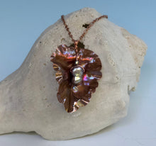 Load image into Gallery viewer, Decorative Copper Leaf Necklace/Leaf Pendant/Unique Leaf Necklace/Large Copper Leaf Necklace/ Pearl Bead Necklace/Flame Painted Copper