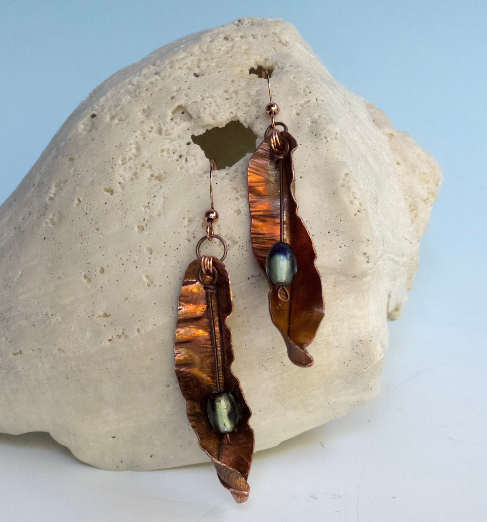 Copper Leaf Earrings/Flame Painted Copper Earrings/Beaded Leaf Earrings/Unique Earrings/Decorative Leaf Earrings/Colorful Leaf Earrings