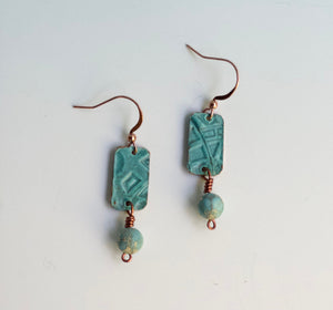 Embossed Ocean Blue Copper Earrings with a Sea Sediment Bead Dangle