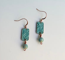 Load image into Gallery viewer, Ocean Blue Turquoise Copper Earrings/Embossed Copper Earrings/Beaded Earrings/Lightweight Earrings/Unique Earrings/Copper Beaded Earrings