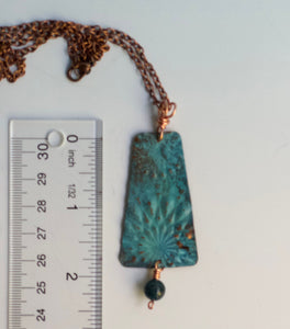 Ocean Blue Turquoise Patina Copper Pendant Necklace/Jasper Beaded Necklace/Rustic Blue Necklace/Unique Patterned Necklace
