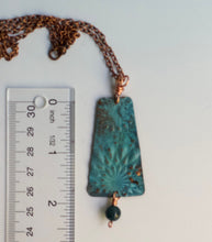 Load image into Gallery viewer, Ocean Blue Turquoise Patina Copper Pendant Necklace/Jasper Beaded Necklace/Rustic Blue Necklace/Unique Patterned Necklace