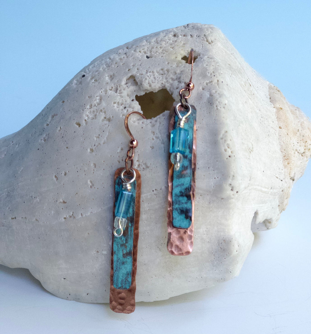 Ocean Blue Copper Earrings/Turquoise Crystal Earrings/Lightweight Earrings/Rectangle shaped Earrings/Unique Earrings/Copper Beaded Earrings