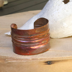 Unique Copper Cuff Bracelet/Folded Copper Cuff Bracelet/Flame Painted Bracelet/Large Cuff Bracelet