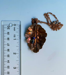 Beautifully Textured Flame Painted Copper Leaf Pendant with Dangling Beads