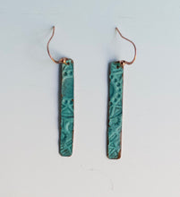 Load image into Gallery viewer, Slim Blue Embossed Copper Earrings