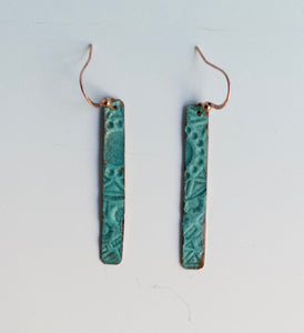 Blue Copper Earrings/Turquoise Color Earrings/Slender Earrings/Lightweight Earrings/Unique Earrings/Embossed Earrings