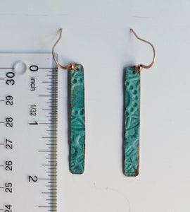Slim Blue Embossed Copper Earrings