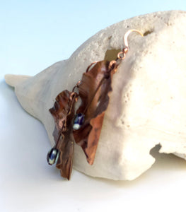 Copper Leaf Earrings with Drop Down Lampwork Beads