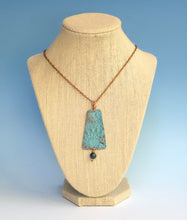 Load image into Gallery viewer, Ocean Blue Turquoise Patina Copper Pendant Necklace/Jasper Beaded Necklace/Rustic Blue Necklace/Unique Patterned Necklace