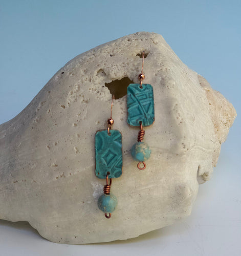 Embossed Ocean Blue Copper Earrings with Sea Sediment Jasper Bead Dangle