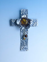 Load image into Gallery viewer, Embossed Silver Aluminum Display Cross with Gold Beads and Silver Stand