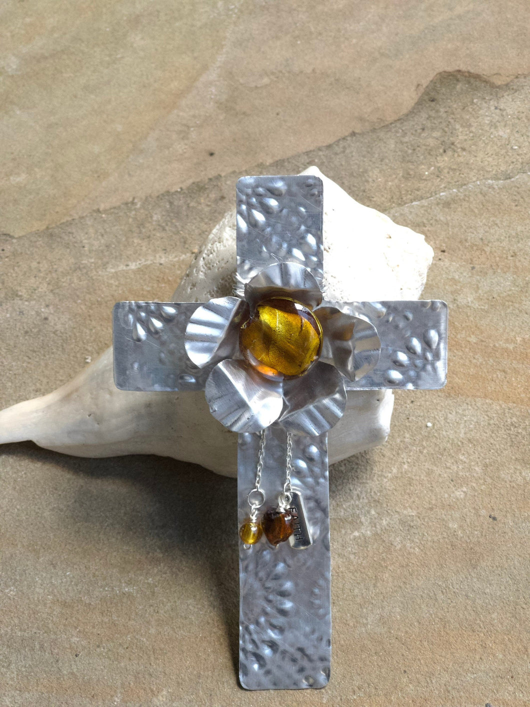 Embossed Silver Aluminum Display Cross with Gold Beads and Silver Stand