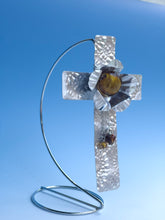 Load image into Gallery viewer, Embossed Silver Aluminum Display Cross with Gold Beads and Silver Stand