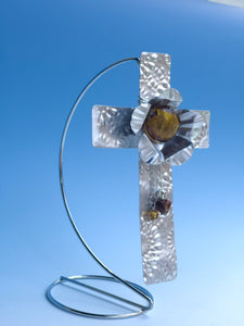 Embossed Silver Aluminum Display Cross with Gold Beads and Silver Stand