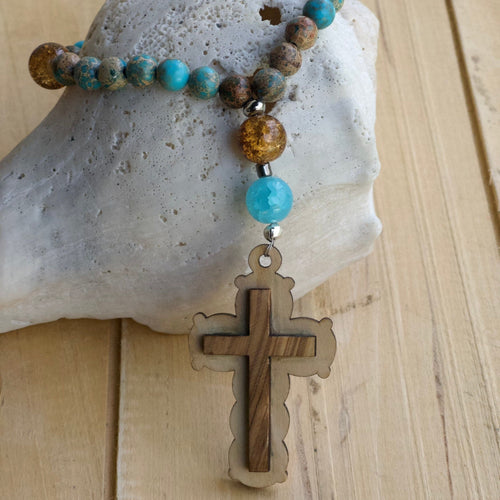 Christian Prayer Beads/Religious Gift, Stone Prayer Beads, Spiritual Gift, Wood Cross Prayer Beads/Gradation Gift/Mother's Day Gift