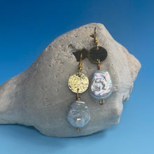 Load image into Gallery viewer, Large Fresh Water Coin iridescent Pearl and Gold Earrings