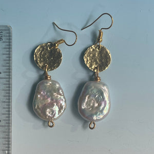 Large Fresh Water Coin iridescent Pearl and Gold Earrings