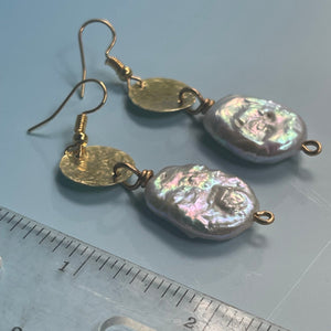 Large Fresh Water White Pearl Earrings/Gold Brass Earrings/Coin iridescent pearl Earrings /Dangle Earrings /Beaded Earrings/Pearl Earrings