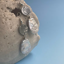 Load image into Gallery viewer, Large Fresh Water White Pearl Earrings/Silver Earrings/Coin iridescent pearl Earrings /Dangle Earrings /Beaded Earrings/Pearl Earrings
