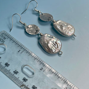 Large Fresh Water Coin Iridescent Pearl and Silver Earrings