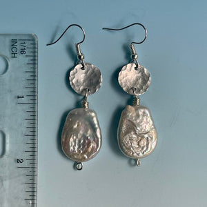 Large Fresh Water White Pearl Earrings/Silver Earrings/Coin iridescent pearl Earrings /Dangle Earrings /Beaded Earrings/Pearl Earrings