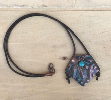 Load image into Gallery viewer, Embossed Copper and Turquoise Bead Pendant Necklace with Leather Cord