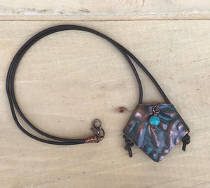 Embossed Copper and Turquoise Bead Pendant Necklace with Leather Cord