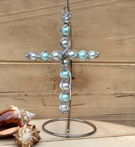 Egyptian Style Wire Wrapped Beaded Display Cross with Silver Stand