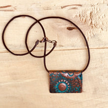 Load image into Gallery viewer, Embossed Copper with Turquoise Patina Pendant and Leather Necklace