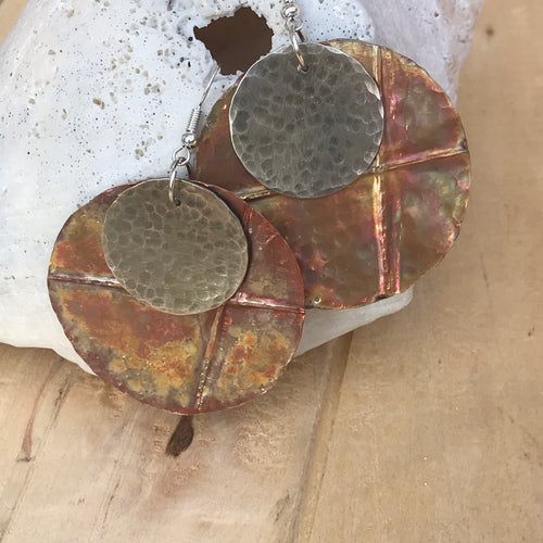 Unique Cross Earrings, Flame Painted and Folded Copper