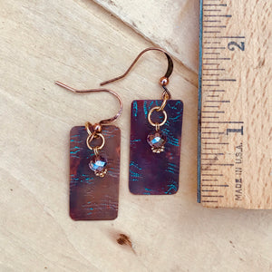 Flame Painted Textured Copper Earrings with Dangling Bead