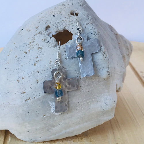 Small Silver Cross Earrings with Blue and Yellow Crystals