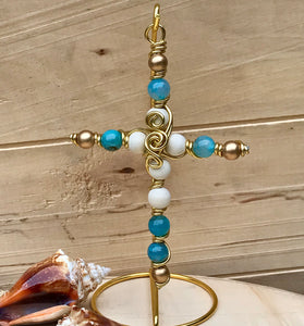 Gold, White and Teal  Beaded Display Cross with Gold Hanger