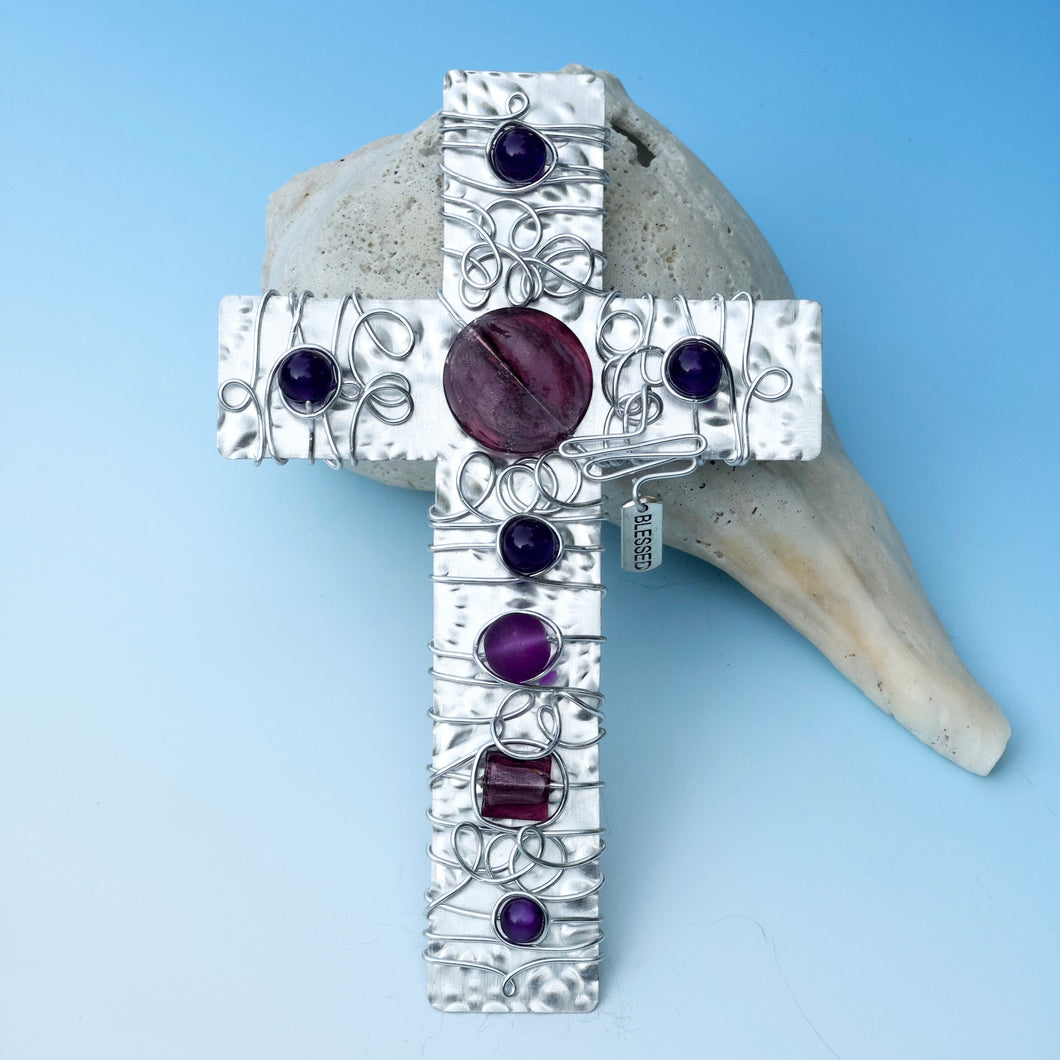 Purple and Silver Beaded Cross