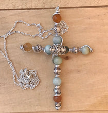 Load image into Gallery viewer, Unique Large Silver and Amazonite Natural Stone Beaded Cross Necklace