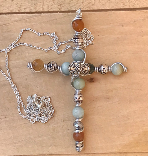 Unique Large Silver and Amazonite Natural Stone Beaded Cross Necklace