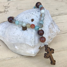 Load image into Gallery viewer, Stone and Cherry Wood Cross Christian Prayer Beads