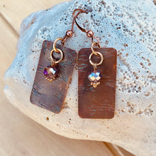 Load image into Gallery viewer, Flame Painted Textured Copper Earrings with Dangling Bead