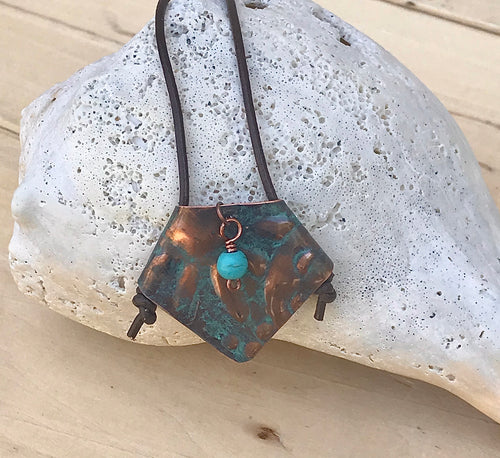 Embossed Copper and Turquoise Bead Pendant Necklace with Leather Cord